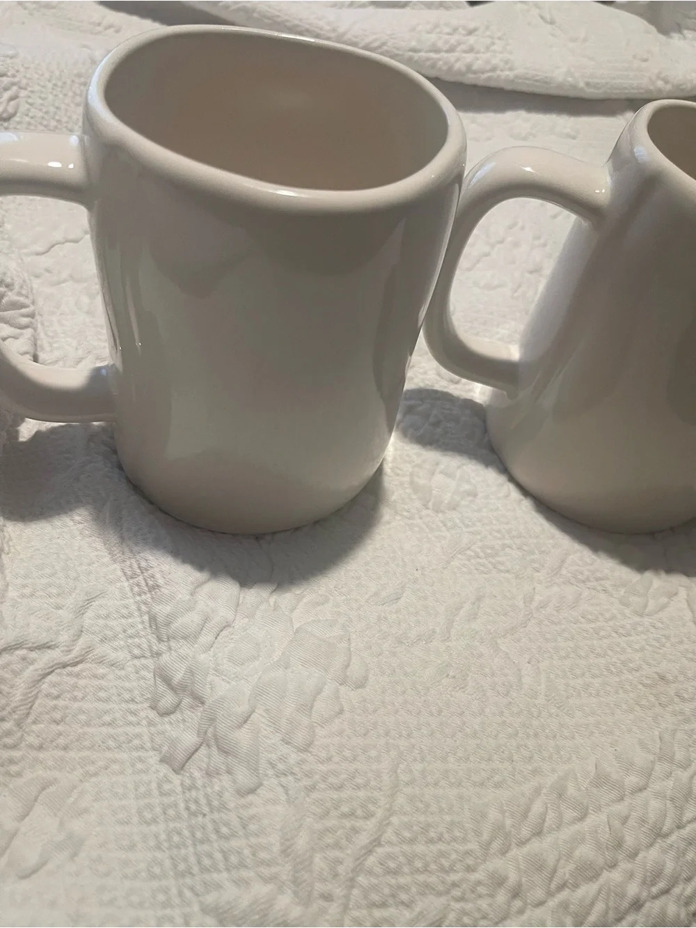 Rae Dunn White Ceramic Mug Set with Black Stamp His&Hers in red almost 5” High